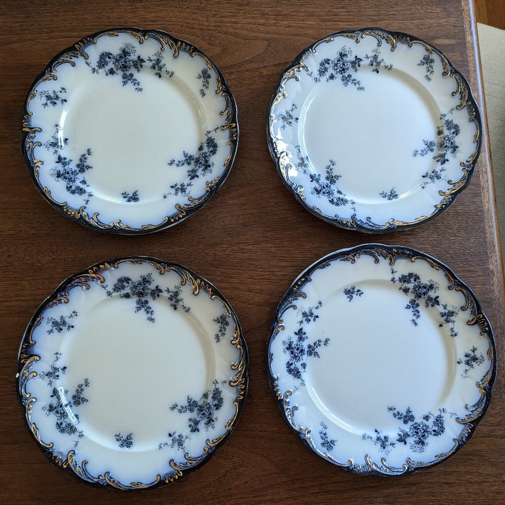 4 Beautiful Antique Ridgeway Chiswick Flow Blue Plates With Gold Trim